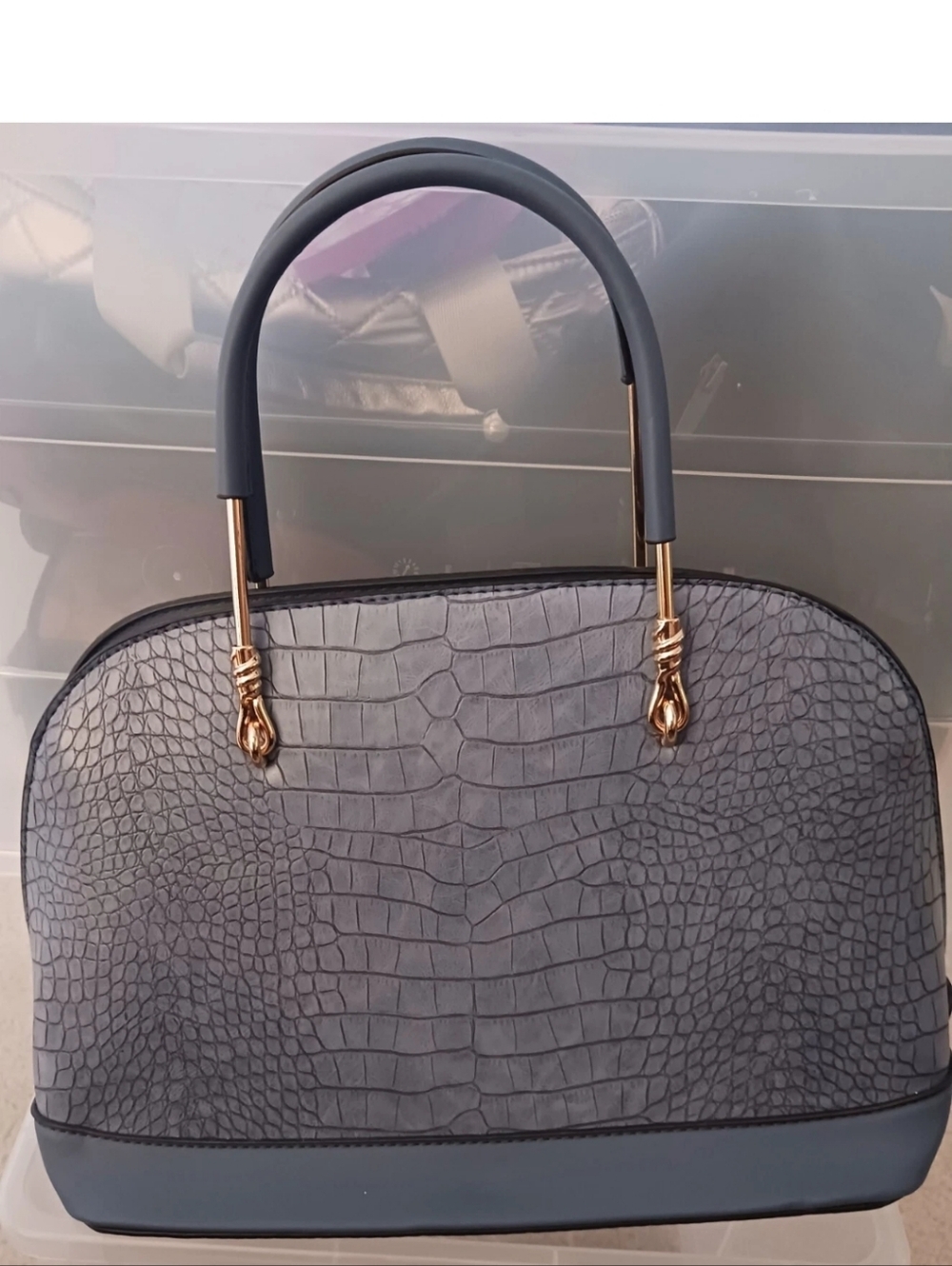 Structured Croc-Embossed Dome Satchel in Slate Blue